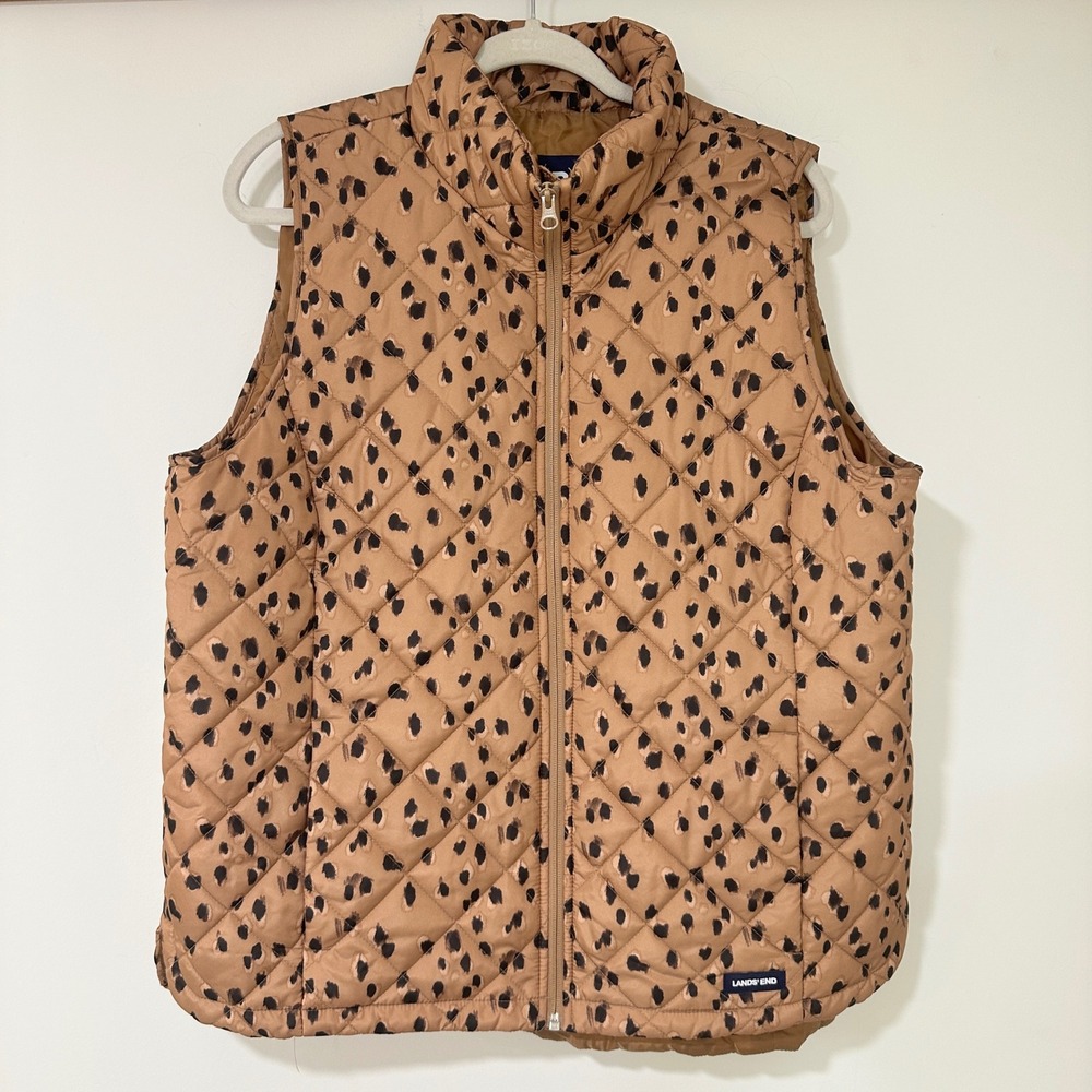 Lands End Quilted Puffer Vest Womens L 14-16 Leopard Print Tan Full Zip Pockets